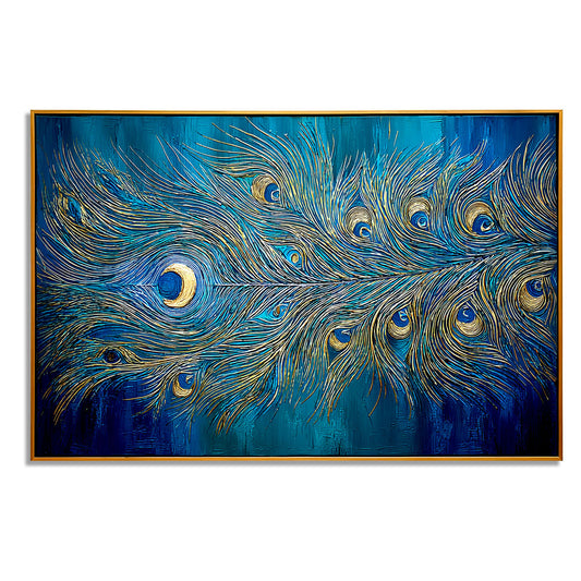 Radiant Feather - Textured Blue and Gold Abstract Oil Painting
