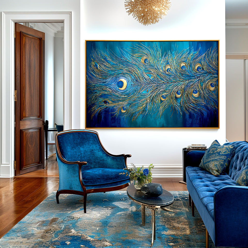Radiant Feather - Textured Blue and Gold Abstract Oil Painting