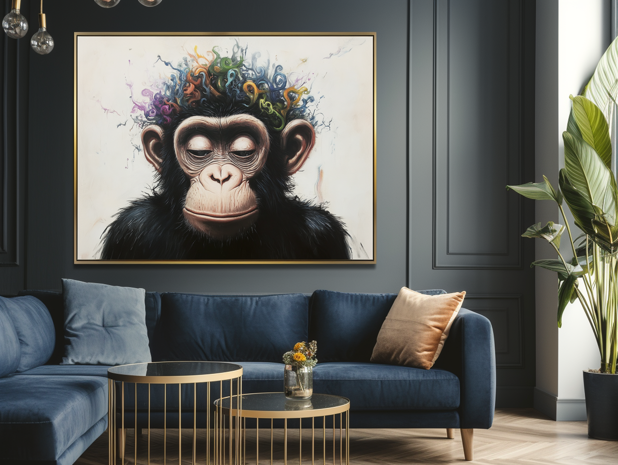 Inner Muse - Whimsical Surreal Chimpanzee Art Print, Colorful Curly Patterns Monkey Painting for Home Decor