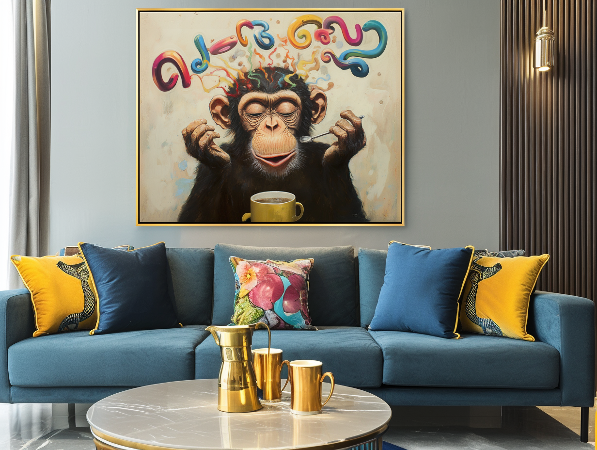Caffeine Muse : Whimsical Monkey Drinking Coffee with Colorful Abstract Letters - Playful Oil Painting, Unique Wall Decor for Modern Living Spaces