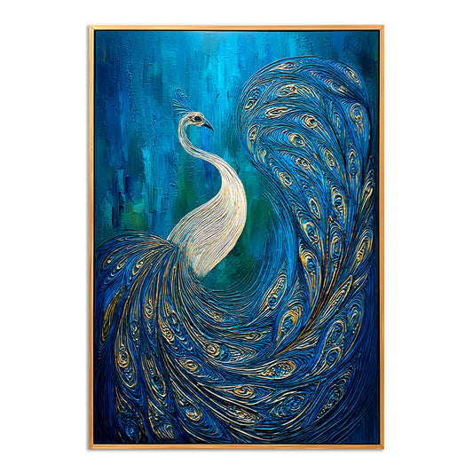 Luminous Tail - Textured Blue and Gold Peacock Oil Painting